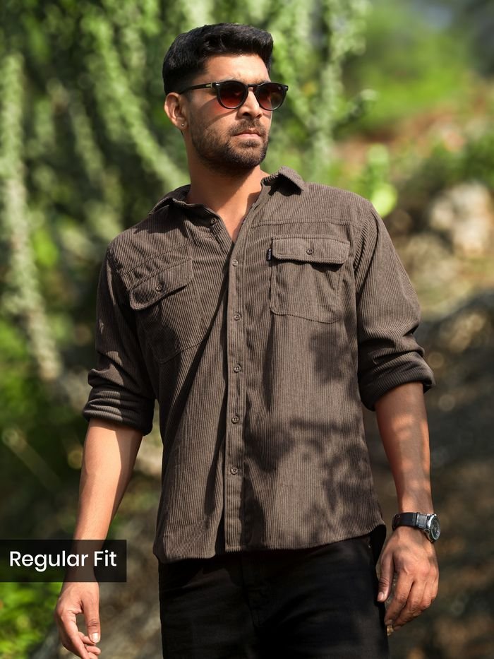 Charcoal Brown Dual Pocket Corduroy Shirt - Image 4