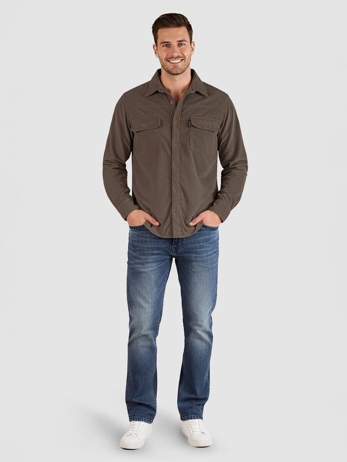 Charcoal Brown Dual Pocket Corduroy Shirt - Image 3