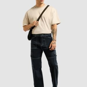 Navy Blue Contrast Stitched Cargo Pants