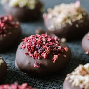 Luxurious chocolate bites topped with vibrant dried berries, perfect for indulgent treats.