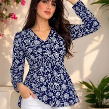 Women White & Blue Floral Print Georgette Top