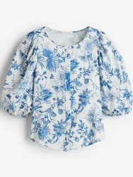 Women White & Blue Floral Print Georgette Top