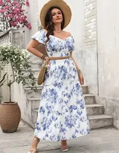 Floral Printed V-Neck Top With Skirt