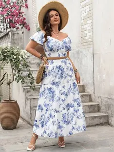 Floral Printed V-Neck Top With Skirt