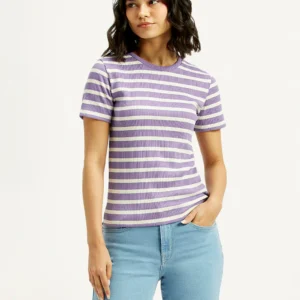 Women's Pink  Striped Slim Fit T-Shirt