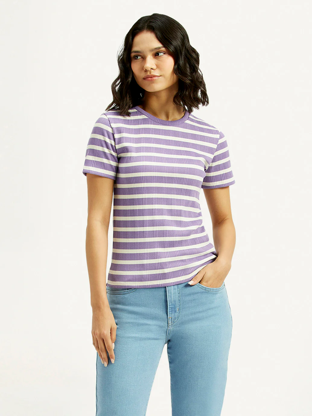 Women's Pink Striped Slim Fit T-Shirt